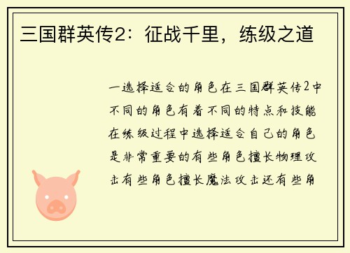 三国群英传2：征战千里，练级之道