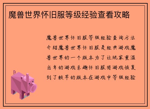 魔兽世界怀旧服等级经验查看攻略